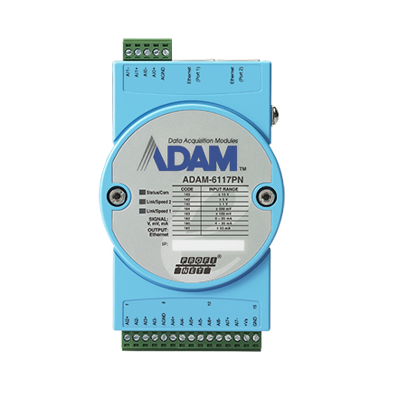 Advantech Adam 6117PN, PROFINET protokolü Yüksek ortak mod gerilimi 200 VDC İzolasyon Koruması: 2.500 VDC 2 x RJ-45 LAN